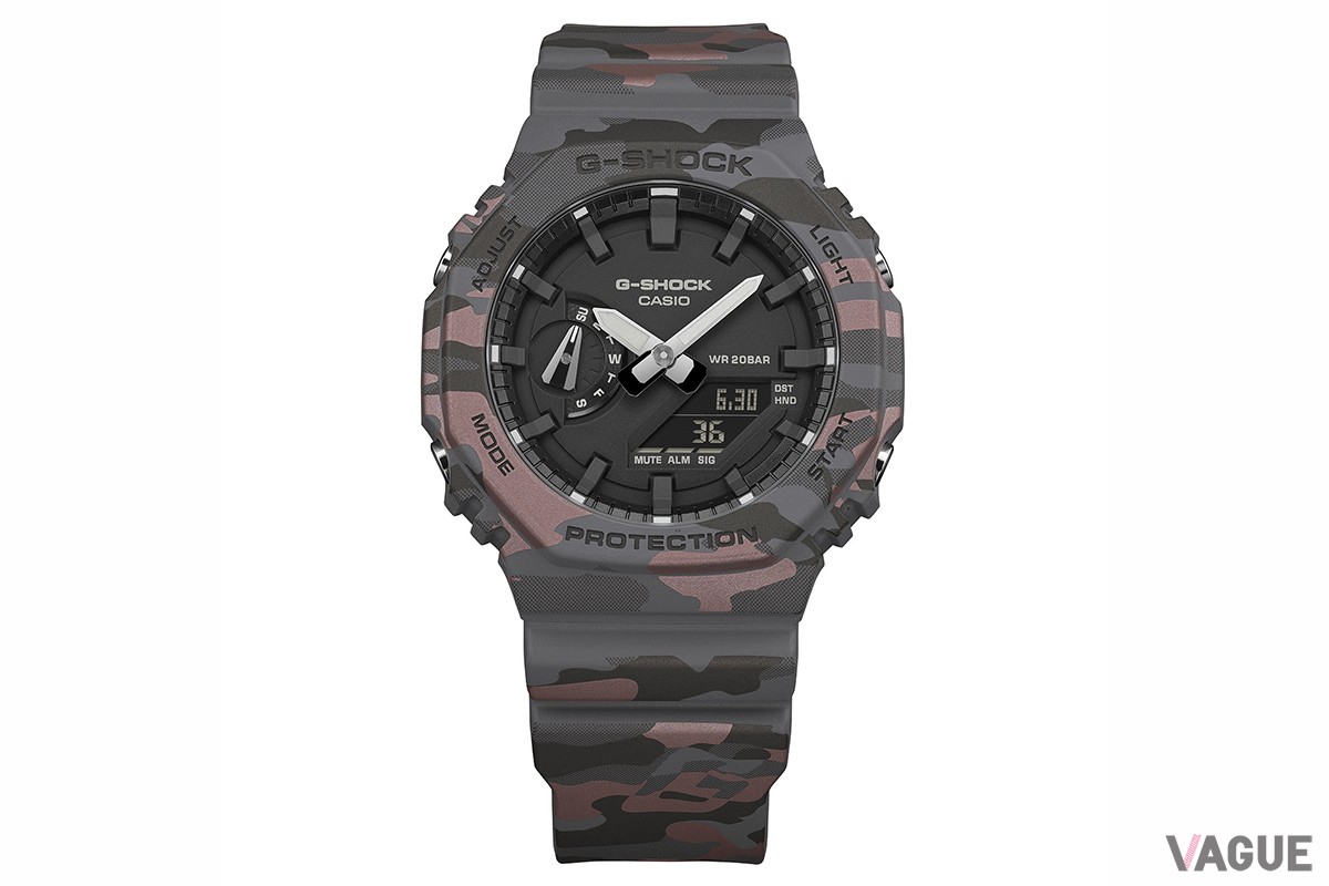 「GA-2100CM-8A」はブラックを基調にえんじ色のアクセントを加えたスタイリッシュな配色。