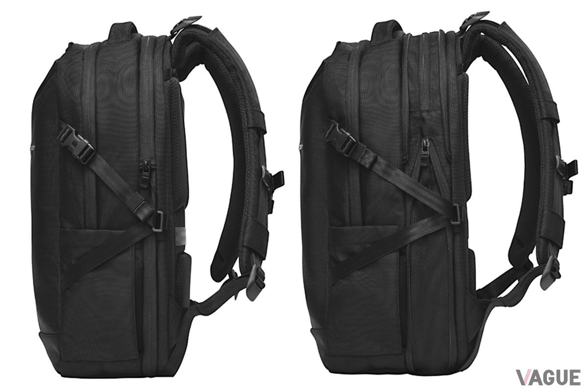 ファスナー操作により約4cmのマチ幅を拡張。21Lから27Lの容量アップ