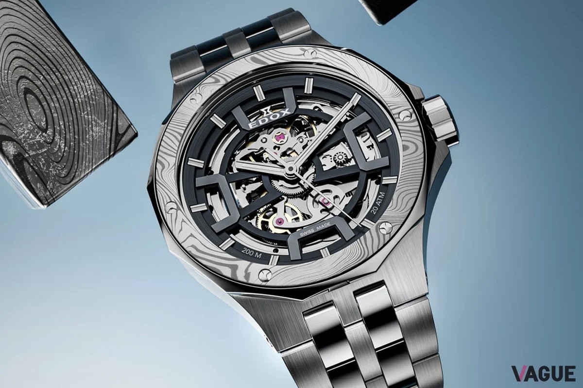 EDOX「デルフィン オリジナル メカノ オートマティック ダマスカス リミテッド エディション」。スケルトンの面白みに加えて、ベゼルをダマスカス鋼仕様にした特別感マシマシの限定モデル。