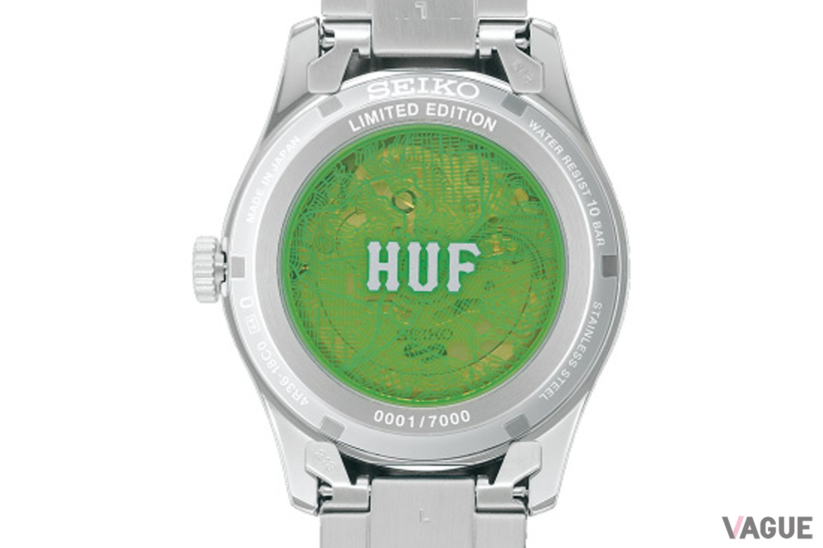“HUFグリーン”を採用したシースルーバックはサンフランシスコのシティパターンと、数量限定モデルの証となるLimited Editionの文字とシリアルナンバーを刻印