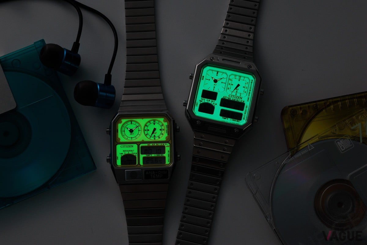 夜光塗料と印刷を重ねたダイヤルは、光を蓄えると暗闇の中でもダイヤル全体がぼんやりと浮かび上がる