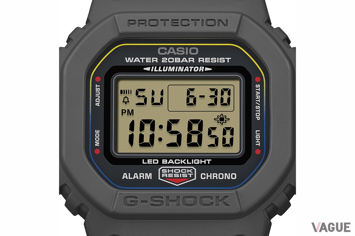 グレーのベゼルにマルチカラーのアクセントがおしゃれな「DW-5600MNC-8A2JF」。