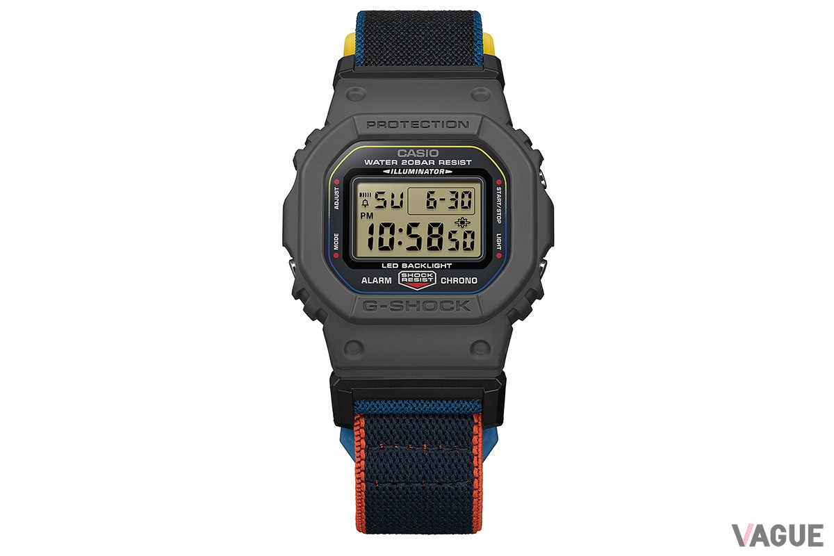 グレーのベゼルにマルチカラーのアクセントがおしゃれな「DW-5600MNC-8A2JF」。