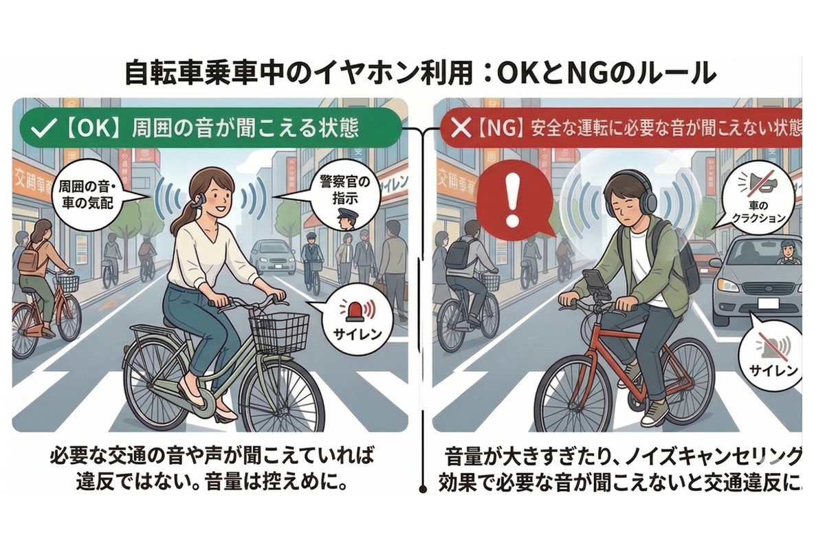 イヤホンの線引きは、片耳か両耳かではなく“必要な音や声が聞こえているか”。オープンイヤー型や外音取り込み活用はOK寄りだが、大音量での遮断や走行中に周囲の音が聞こえない状態は危険行為になる。※音量はあくまでも周囲の音が聞こえる範囲に