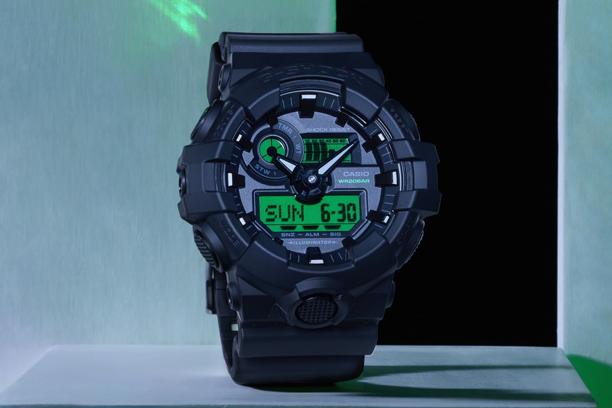 フロントボタンを6時位置に備えた、操作性の高さが魅力のアナデジモデル「GA-700BEG-1AJF」