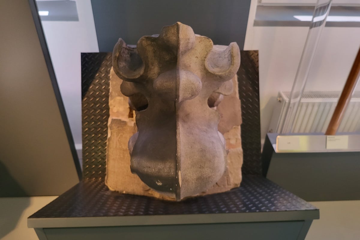 2018年にケルヒャーが手がけたウルム大聖堂の洗浄プロジェクトで生じた装飾彫刻のミュージアム展示。左は煤や排気ガス、塵が長年蓄積した状態、右は特殊な洗浄技術で砂岩本来の表情を取り戻した状態だ。ケルヒャーは、このパワフルさと繊細さを両立する技術で、歴史的建造物や世界遺産の洗浄も担っている