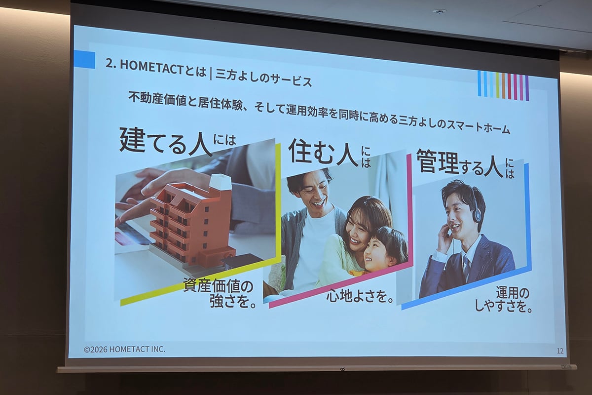 「住む人」「建てる人」「管理する人」の三方よしを掲げるHOMETACT。スマートホームをガジェットの延長ではなく、不動産運用の基盤として捉える姿勢が伝わってきた