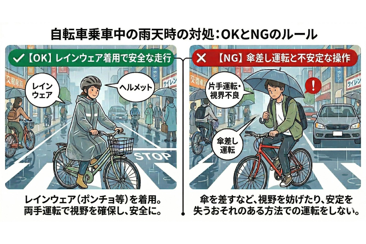 傘差し運転の問題は、片手になることだけではない。視野の狭まりやバランスの乱れ、接触リスクまで含めて、自転車にさらなる不安定さを持ち込むことが危険視されている