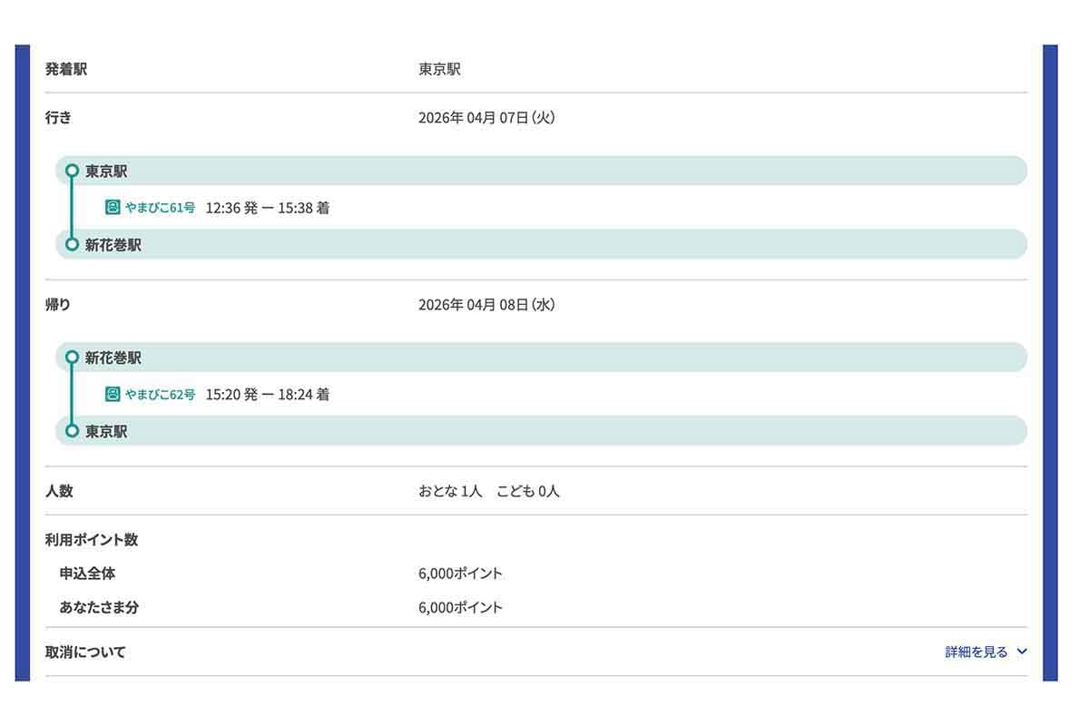 決定した駅までの往復新幹線指定席が表示される