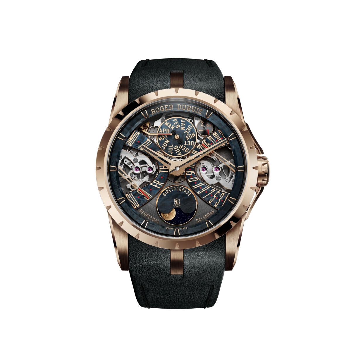 ロジェ・デュブイの精神を体現するパーペチュアルカレンダーとバイレトログラード、さらにムーンフェイズが高い次元で融合した特別な1本