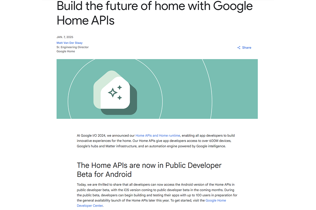 Googleが発表した「Home APIs」のニュースリリース 。6億台を超えるデバイスやMatter基盤を開発者に開放し、業界全体が「囲い込み」から「共通基盤上での体験競争」へとシフトしている潮流を示している