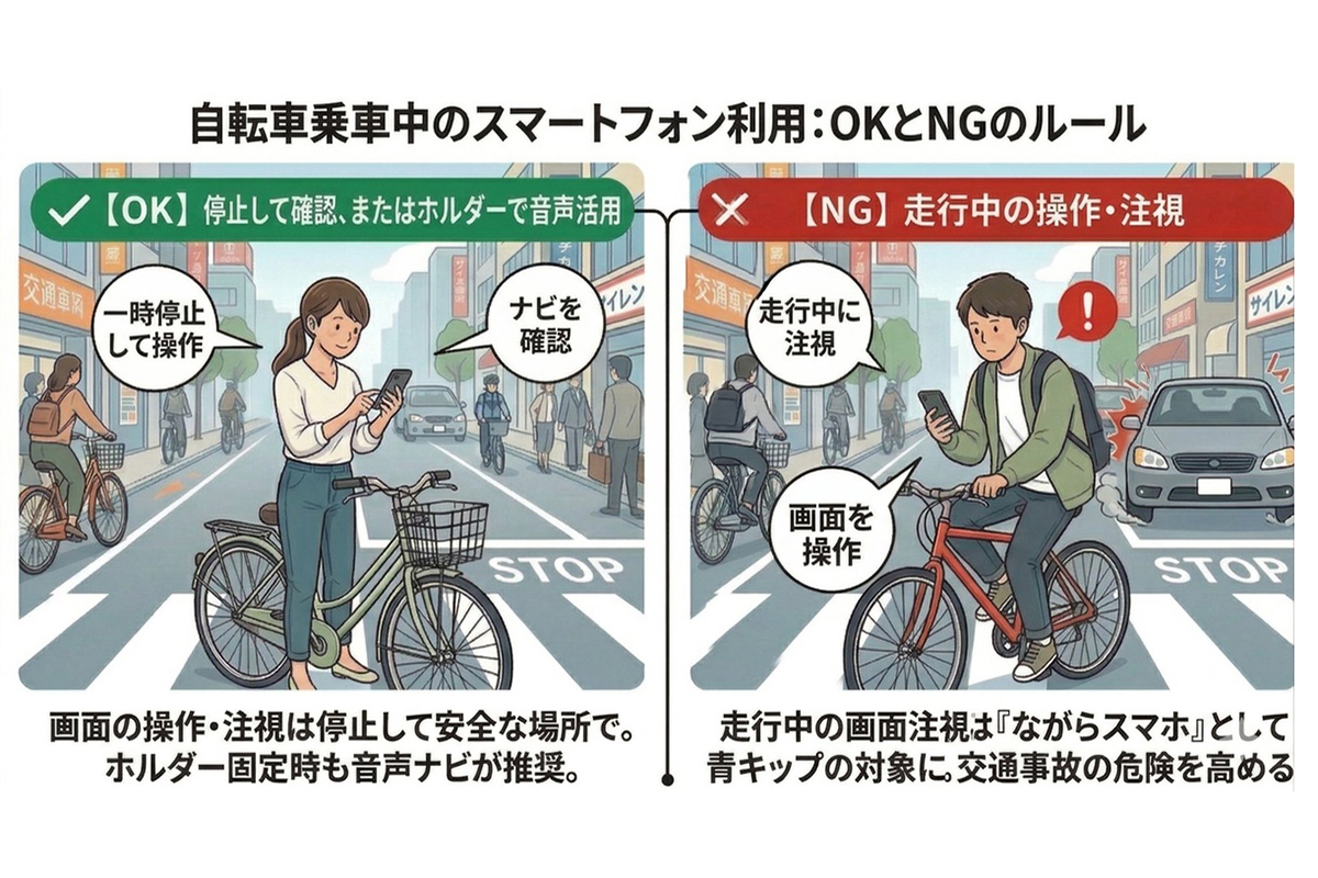 自転車のスマホ利用は、ホルダー固定そのものよりも“走行中に画面を見続けるか”が争点。停止中の操作や音声ナビ活用はOK寄りだが、手持ち操作や注視は一気に危険側へ振れる
