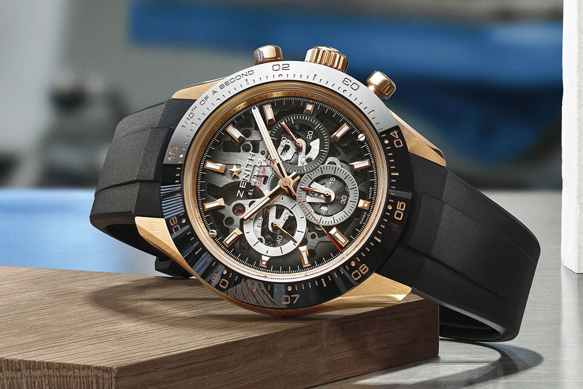 18Kローズゴールド製ケースにブラックセラミックベゼル、ブラックラバーストラップを組み合わせたラグジュアリーかつシックな一本（リファレンス：18.3130.3600/01.R951）。