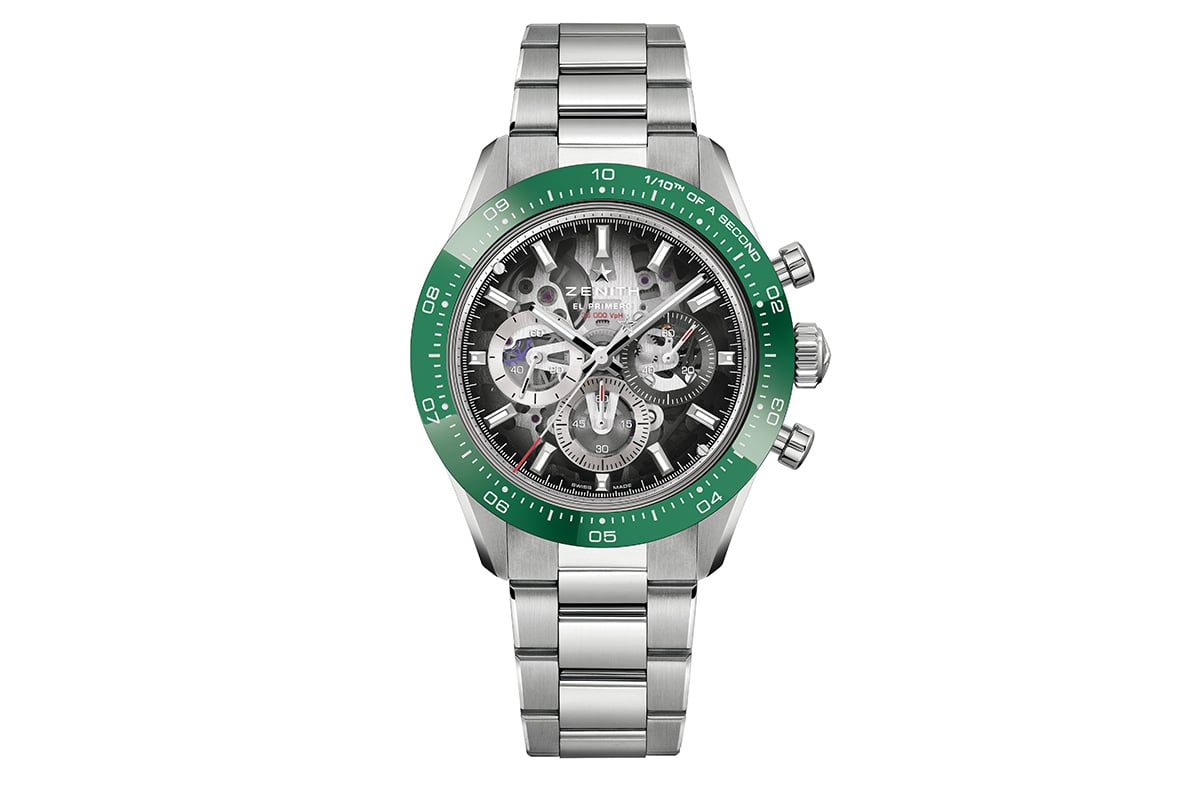 クロノグラフ秒針は10秒で一回転し1／10秒を正確に計測する。