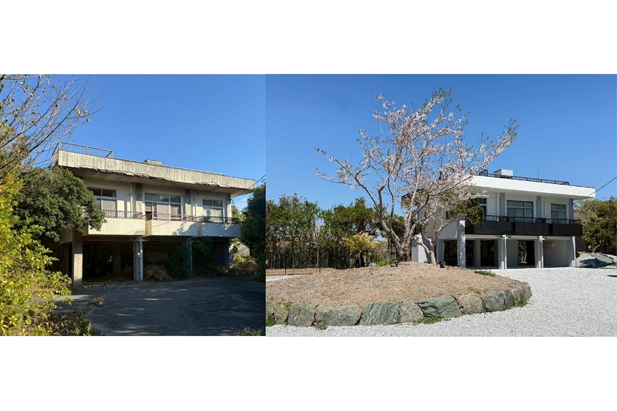 左：築40年。手入れが届かず自然に侵食されるがまま放置されていた負動産　右：負動産から地域の資産へ。館山の自然光が主役となるミニマルで開放的な空間へ