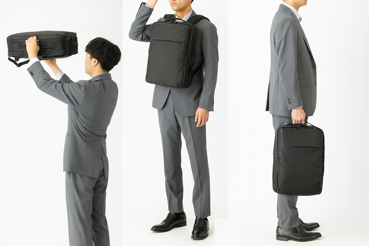 持ち方に応じて使いやすい通勤設計 ※定番モデル「ガジェタブルR」で撮影