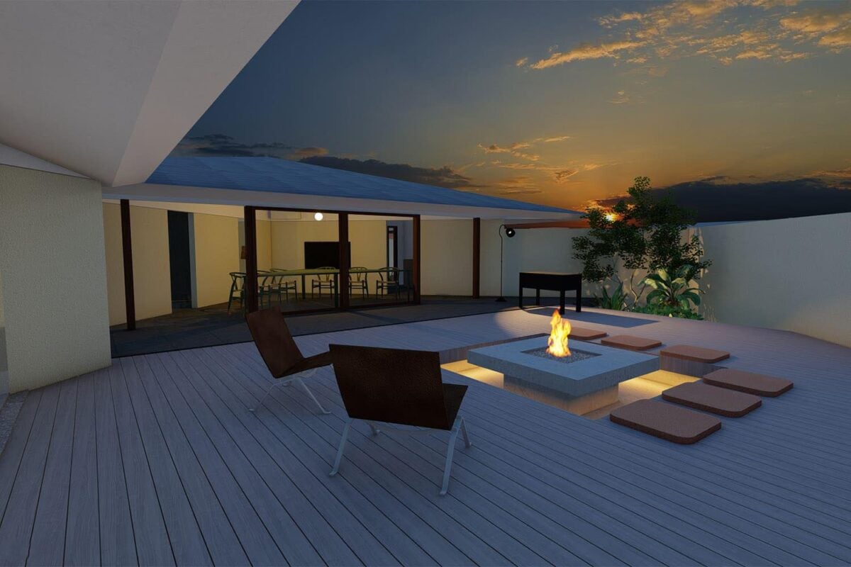 ウッドデッキ仕様の中庭とファイヤーピット　イメージ