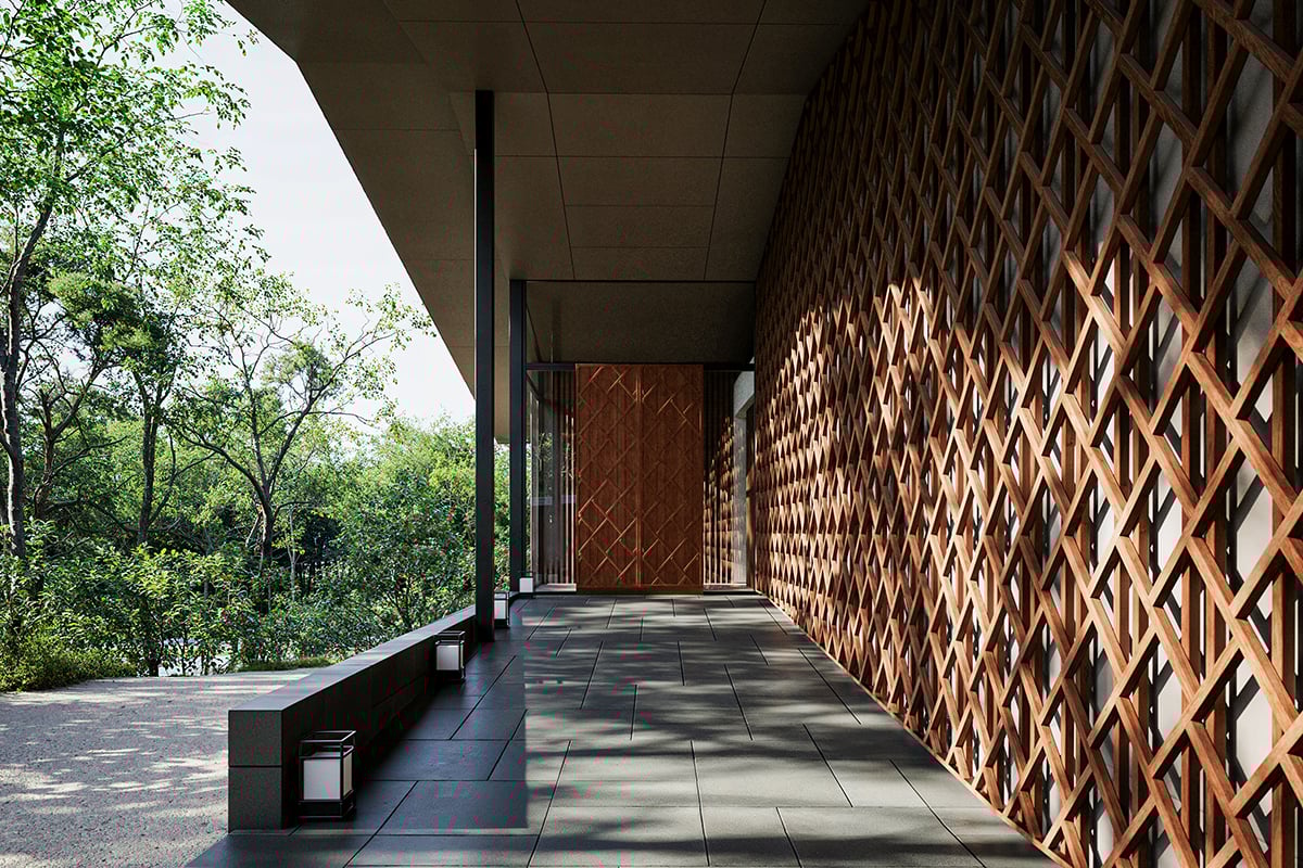 素材の重なりが印象的なエントランス