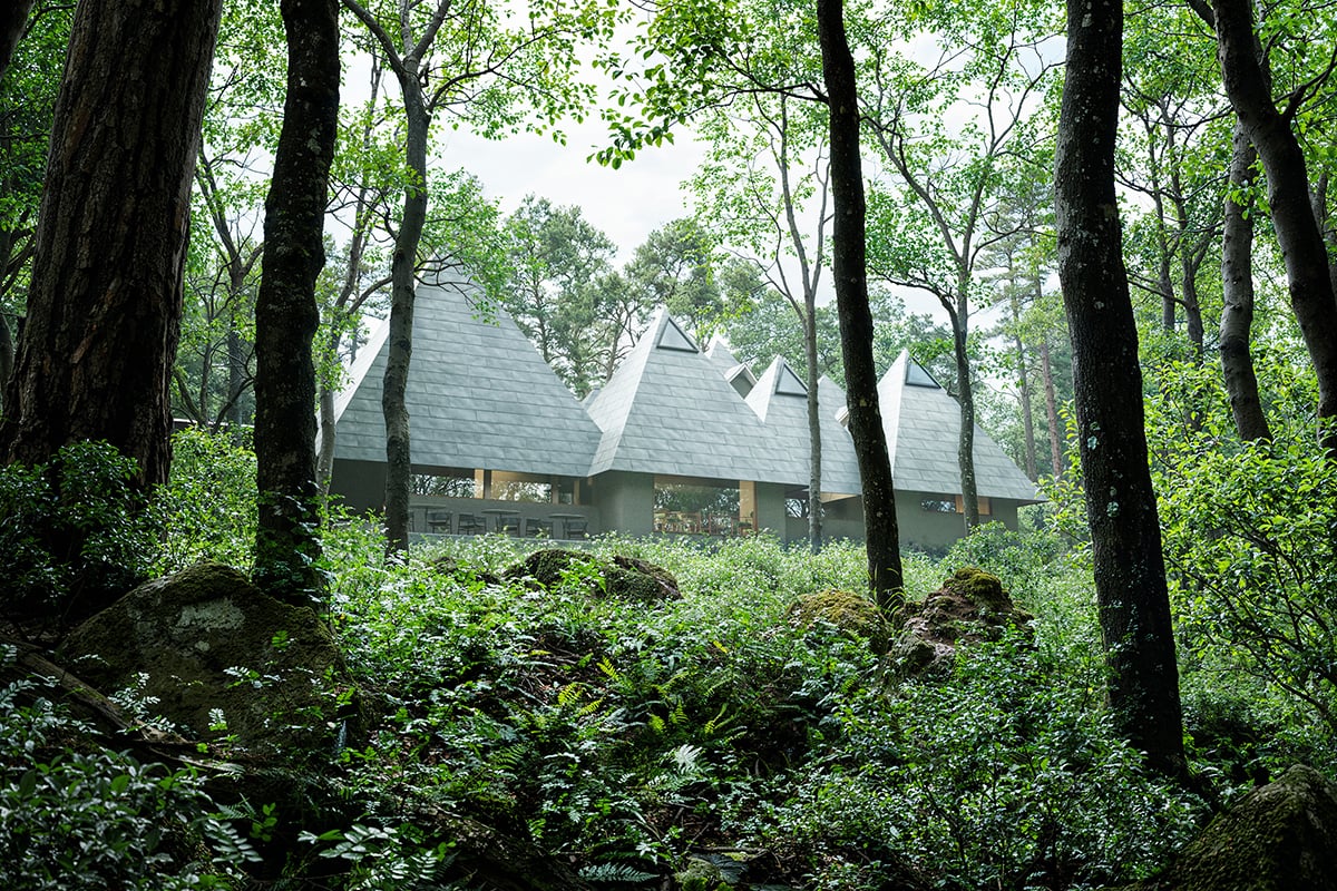 森と呼応するように佇むレストラン棟