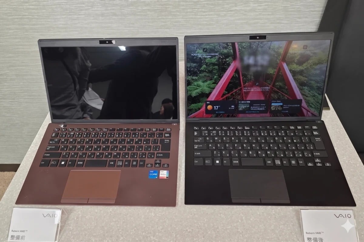 セミナーで展示されていた整備前のPCとReborn VAIO。残念ながら色はブラックのみだが、主要部品を新品に交換し、厳しい基準をクリアすることで、新たなユーザーへの入り口を広げる