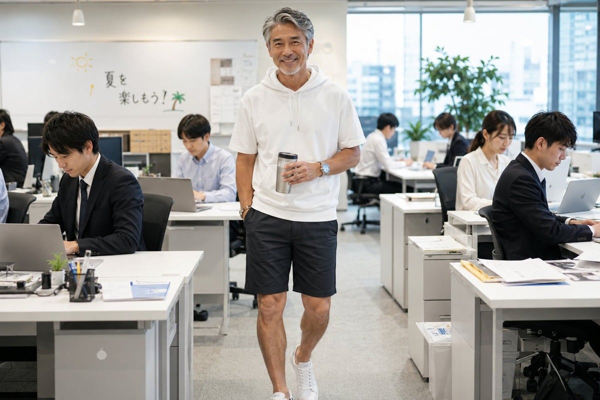 真夏のオフィス。TPOに合わせた服装は大切だが、暑い日にハーフパンツと半袖パーカーを着こなすことは別に問題ない。清潔感だけは大事にしたいが
