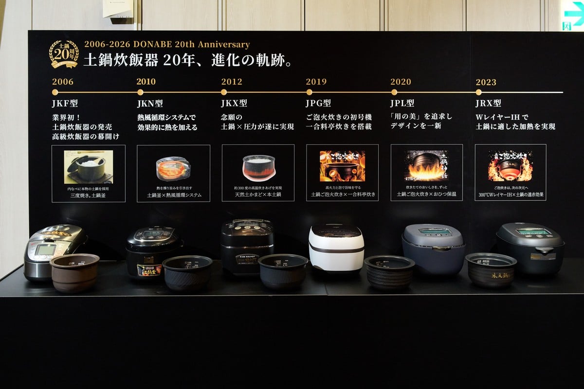 会場には、2006年の初代土鍋炊飯器から最新モデルまで、タイガーの土鍋炊飯器の歩みを展示。20年にわたる進化の軌跡が一望できた