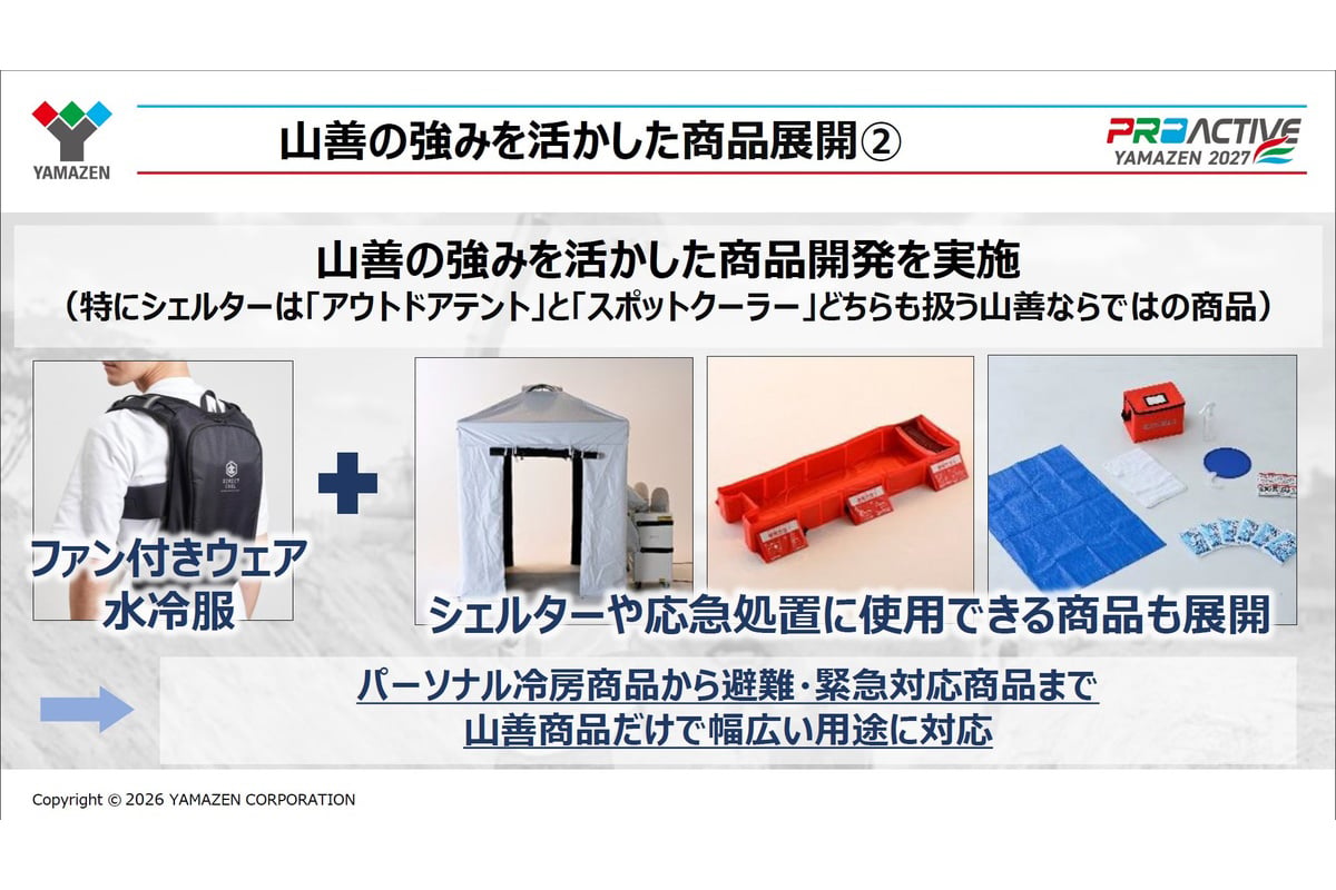 水冷服やファン付きウェアに加え、シェルター、エマージェンシープール、熱中対策セットまでを展開