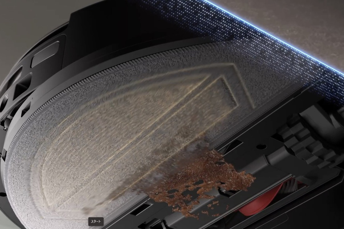 Roborock Saros 20 Sonicは、毎分4000回の高速振動でモップを振動させ、床の汚れをこすり取るように水拭きする。従来の“なでる”水拭きから、汚れにしっかりアプローチする“磨く”水拭きへ進化した点が大きな特徴だ