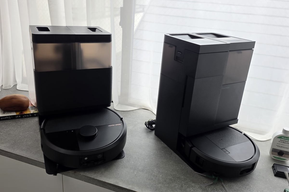 左の従来モデルは天面にLiDARセンサーを搭載しているが、右のRoomba Plus 515 Comboは前面のIntegrated Line Laserに統合。センサー構造の見直しが、高さ8.4cmの薄型化につながっている