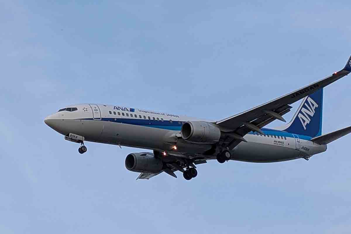 千里川土手から手持ちのスマホで撮影した、伊丹空港に着陸する飛行機