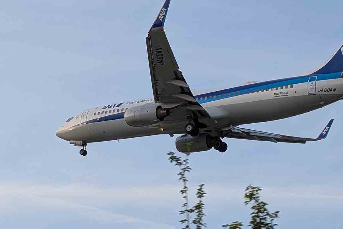 千里川土手から手持ちのスマホで撮影した、伊丹空港に着陸する飛行機
