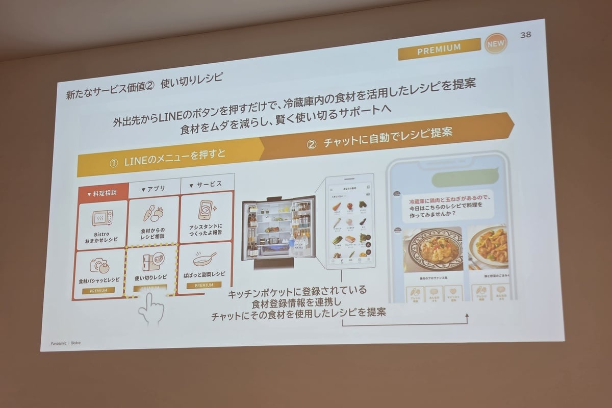 PREMIUMプランの「使い切りレシピ」は、KitchenPocketに登録された冷蔵庫内の食材情報と連携。外出先からLINEのボタンを押すだけで、家にある食材を生かしたレシピを提案する