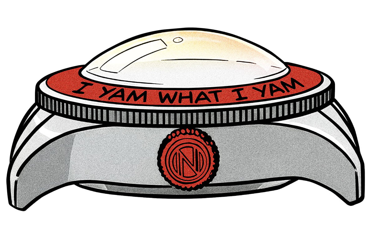 ベゼルには「I AM」がポパイらしく訛った「I YAM（アイヤム）...」の決め台詞を。
