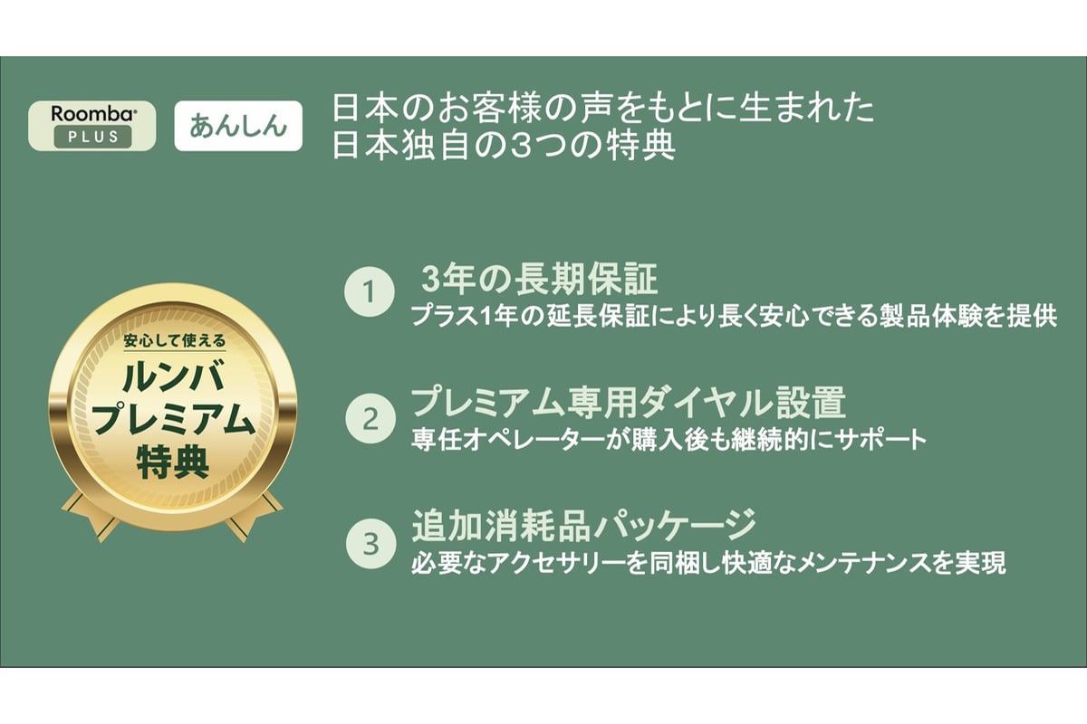 Roomba Plus 515 Comboには、日本独自の「Roomba Premium」特典が付帯する。3年の長期保証、専用ダイヤル、追加消耗品パッケージにより、購入後も安心して使い続けられる体制を整えた