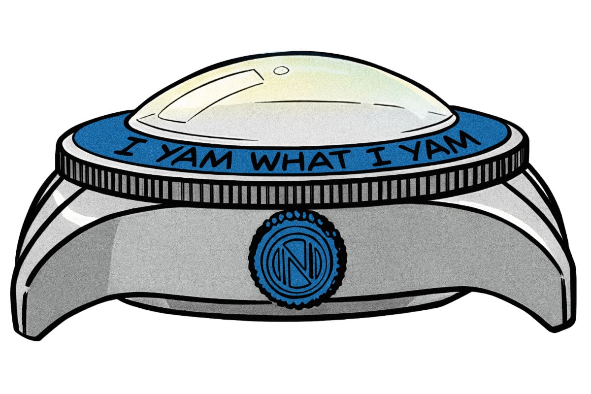 ベゼルには「I AM」がポパイらしく訛った「I YAM（アイヤム）...」の決め台詞を。