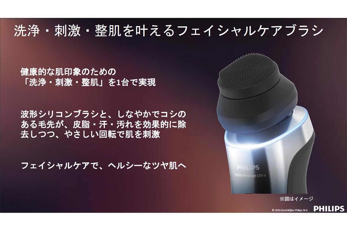 新たに搭載された「3-in-1 フェイシャルケアブラシ」。波形のシリコンブラシと、しなやかでコシのある毛先により、皮脂や汗、汚れを落としながら肌をやさしく刺激する。フィリップスは、深剃りだけでなく、洗浄・刺激・整肌までを含めた肌印象のケアを提案している