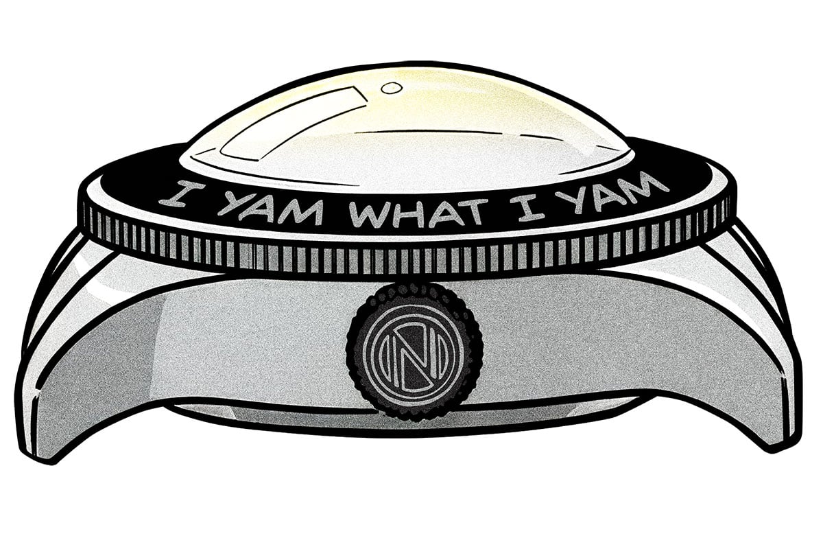 ベゼルには「I AM」がポパイらしく訛った「I YAM（アイヤム）...」の決め台詞を。