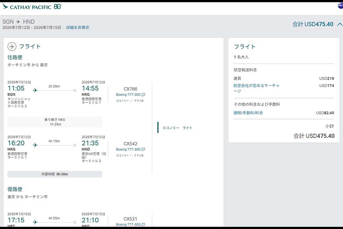 ホーチミンシティ発でもっと安いチケットはないかと探すと約7万6000円で手配できることがわかったが、東京発でも約8万7000円なのでメリットはそれほど大きくない