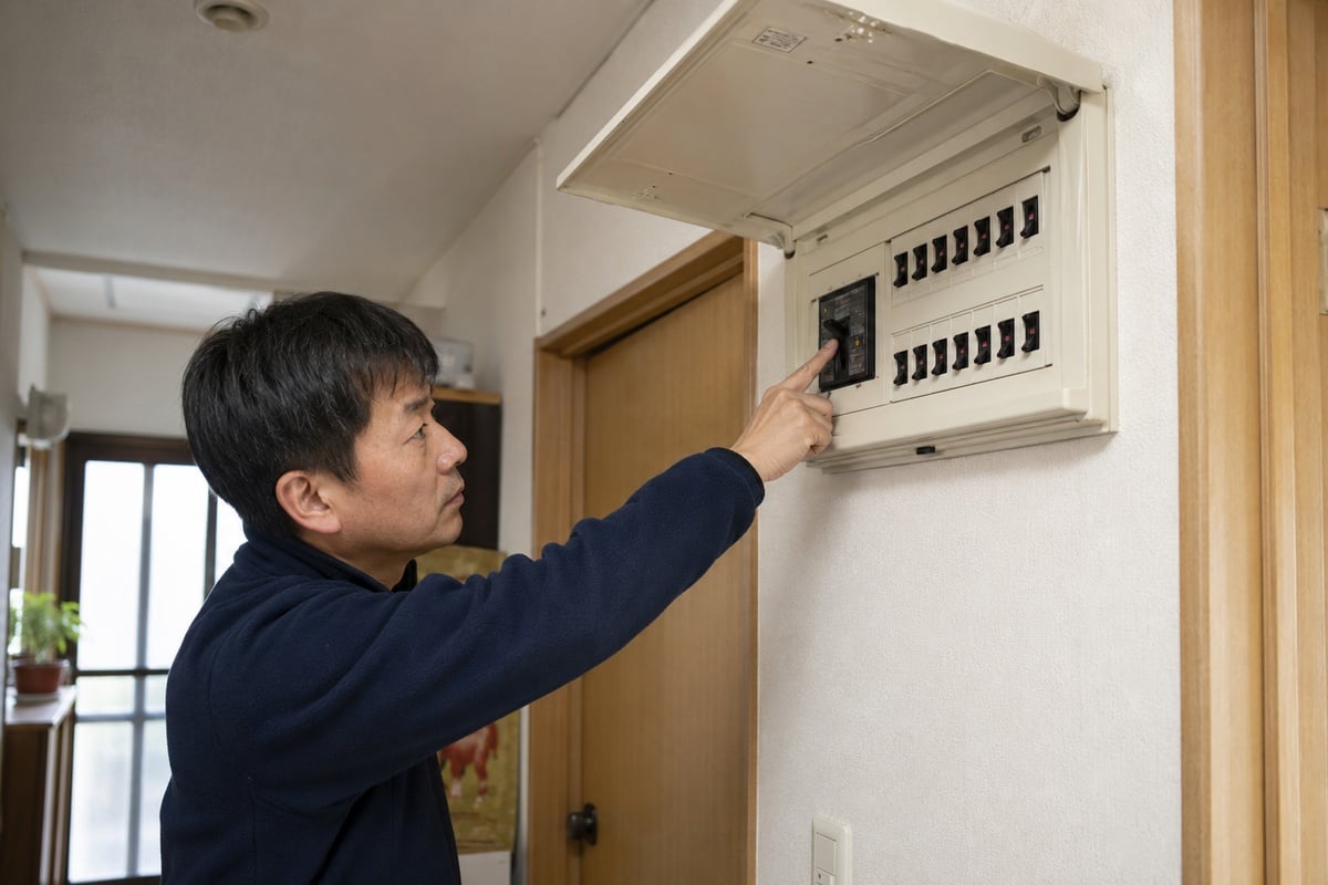 避難する際には、無理のない範囲で分電盤のブレーカーを切っておきましょう(※画像は生成AIによるイメージです)