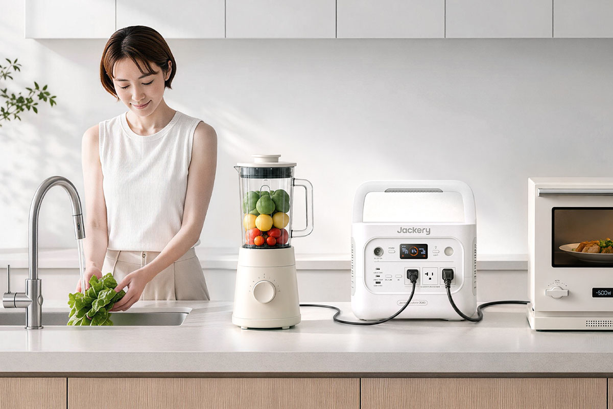 電子レンジも使用できる定格出力2200Wの高出力。バッテリーは2048Whの大容量で、 3〜5人の家族であれば3日間程度の緊急電力を提供することが可能だ