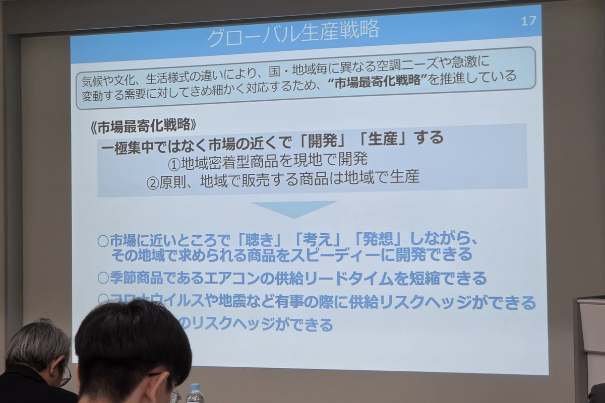 ダイキンが掲げる「市場最寄化戦略」の説明。気候や住環境、生活文化が異なる地域ごとに、近くで聴き、考え、開発・生産するという考え方が、グローバル展開の土台になっている