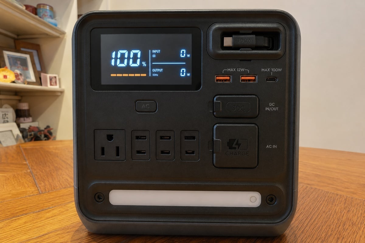 正面には表示パネル、AC出力、USB端子、LEDライトなどが集約されている。棚やデスク脇に置いたままでも主要な操作が前面だけで完結するのは、日常利用では大きな利点だ