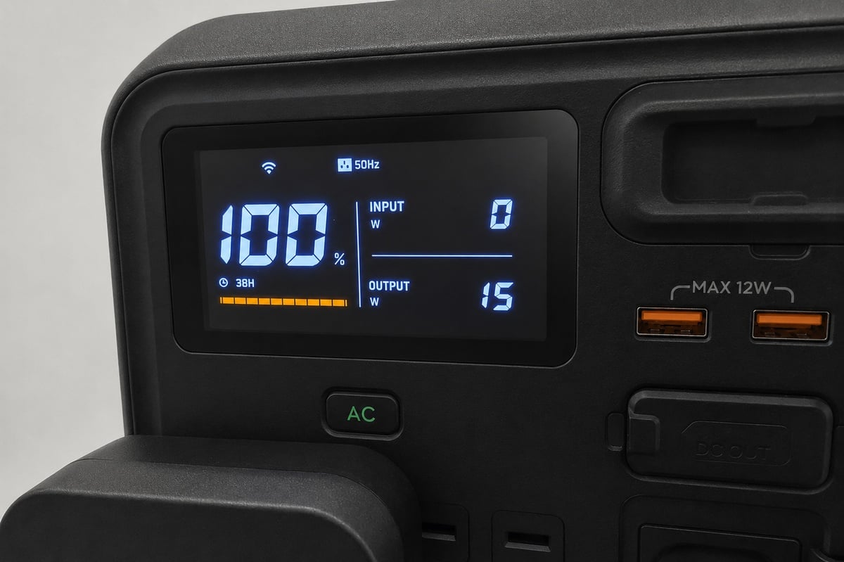小型家電使用時の表示は15W前後。1000Wまで跳ね上がるドライヤーと比べると、同じ1008Whでも使える時間や同時使用の考え方が大きく変わる
