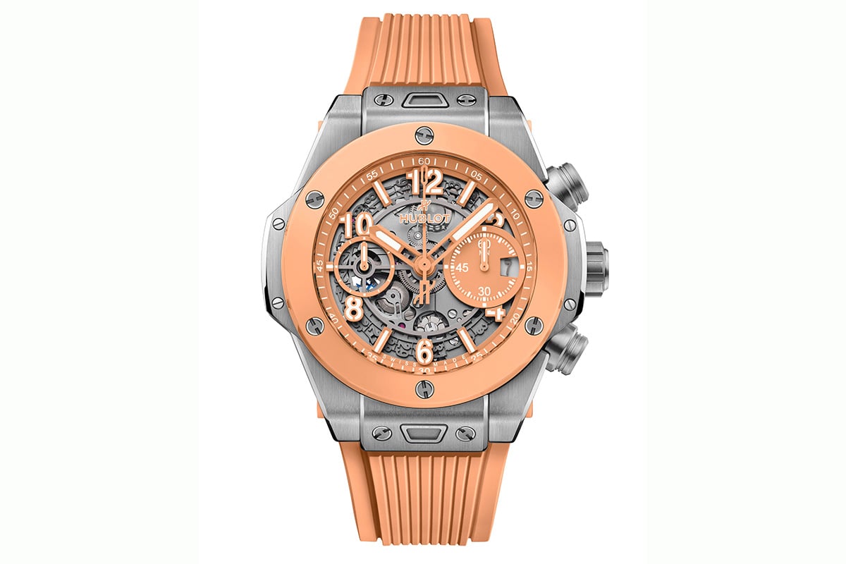 「ウブロ　ビッグ・バン チタニウム ピーチ セラミック 42mm」（品番：441.NCU.5920.RX、309万1000円 消費税込）
