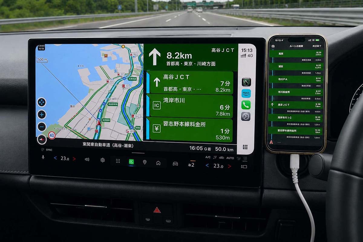 マツダの新型「CX-5」のインフォテイメントシステム上で、カーナビタイムをCarPlayで動作したもの。スマートフォンを併用してデュアルディスプレイとしている※画像はAIによって画像処理されています