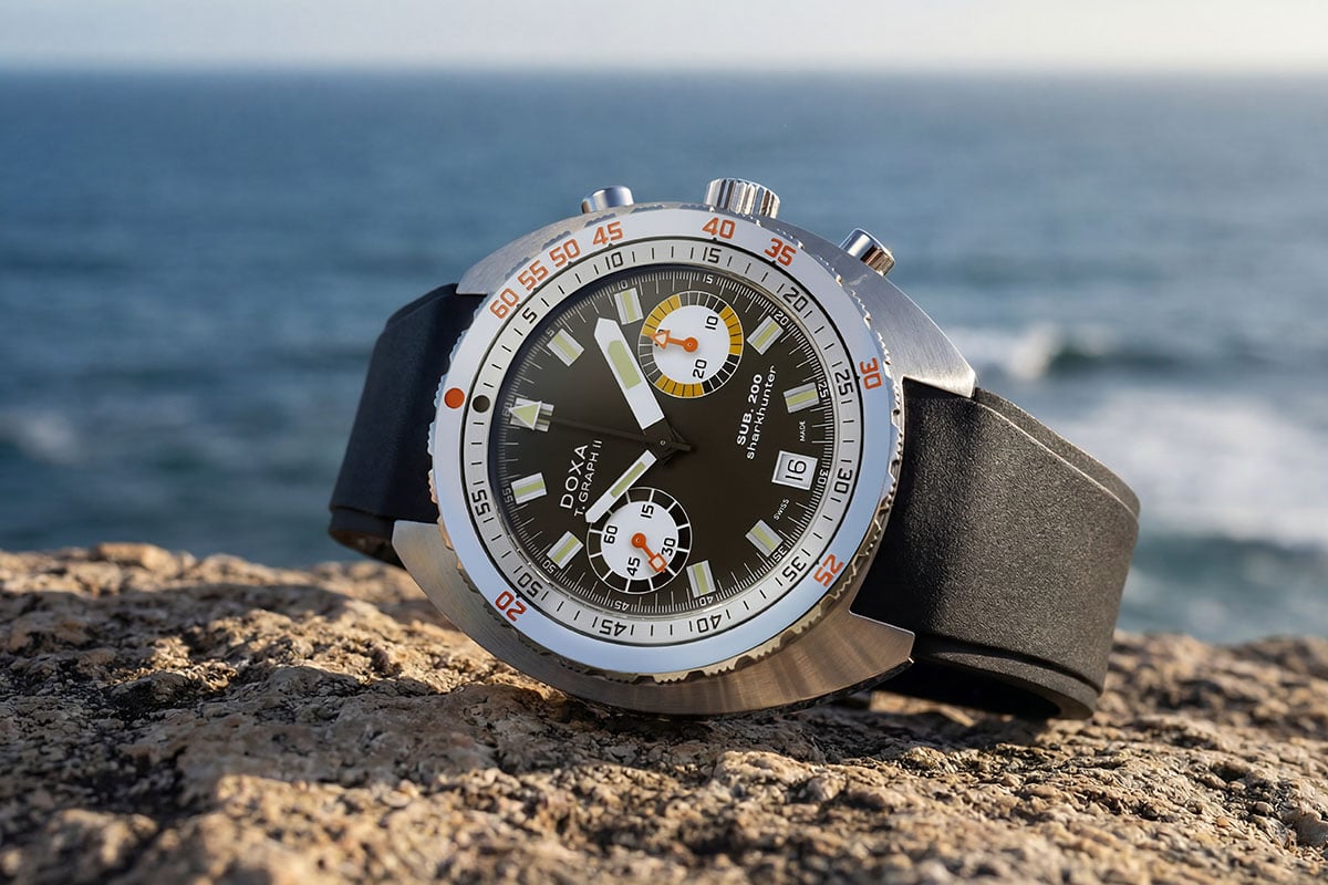 「DOXA SUB 200 T.GRAPH II」/スペックやデザイン的魅力だけでなく、歴史的モデルの復刻というストーリー性も上乗せされている。 メタルブレスレット付きモデルが82万2800円(消費税込)、ラバーストラップ付きモデル 81万4000円(消費税込)。