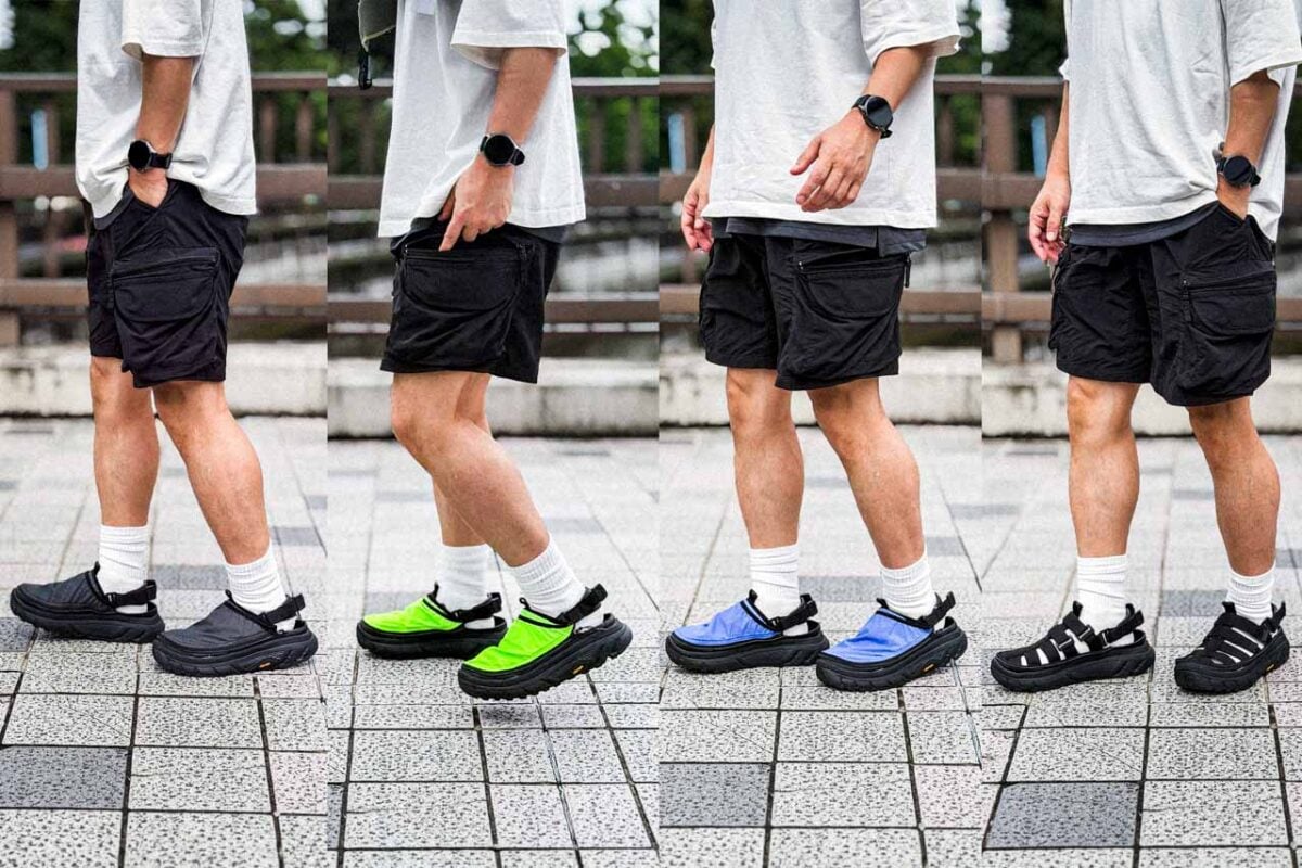 上下は同じ、足元だけを替えた4パターン。カバー3色に「カバーなし」を加えた4通り、さらにバックストラップの有無を掛け合わせれば、組み合わせは全部で8通りになります。