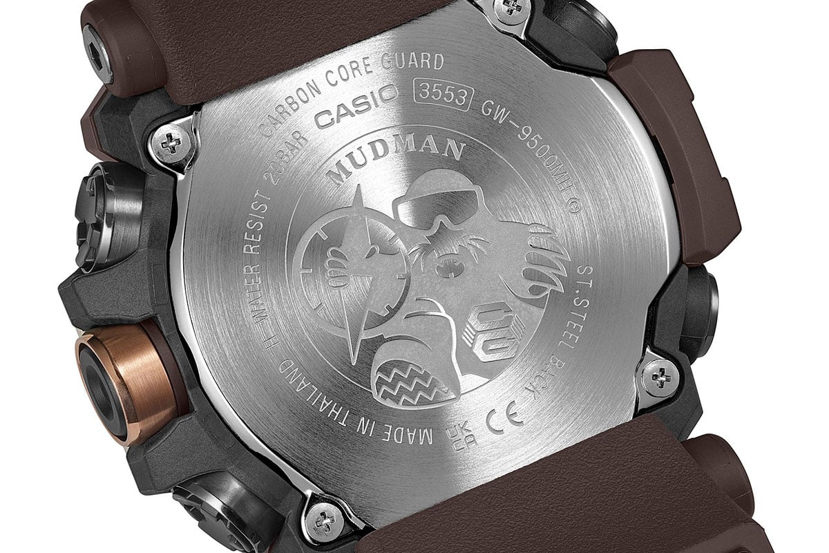 裏蓋にはMUDMANのシンボルのモグラキャラが（GW-9500MH-5JF）。