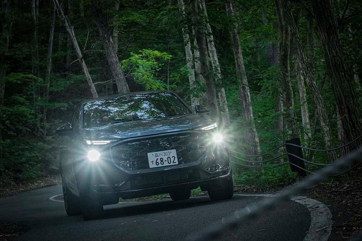 深緑が広がる山道に、デイトナグレーのシックなフォルムが自然と映える。