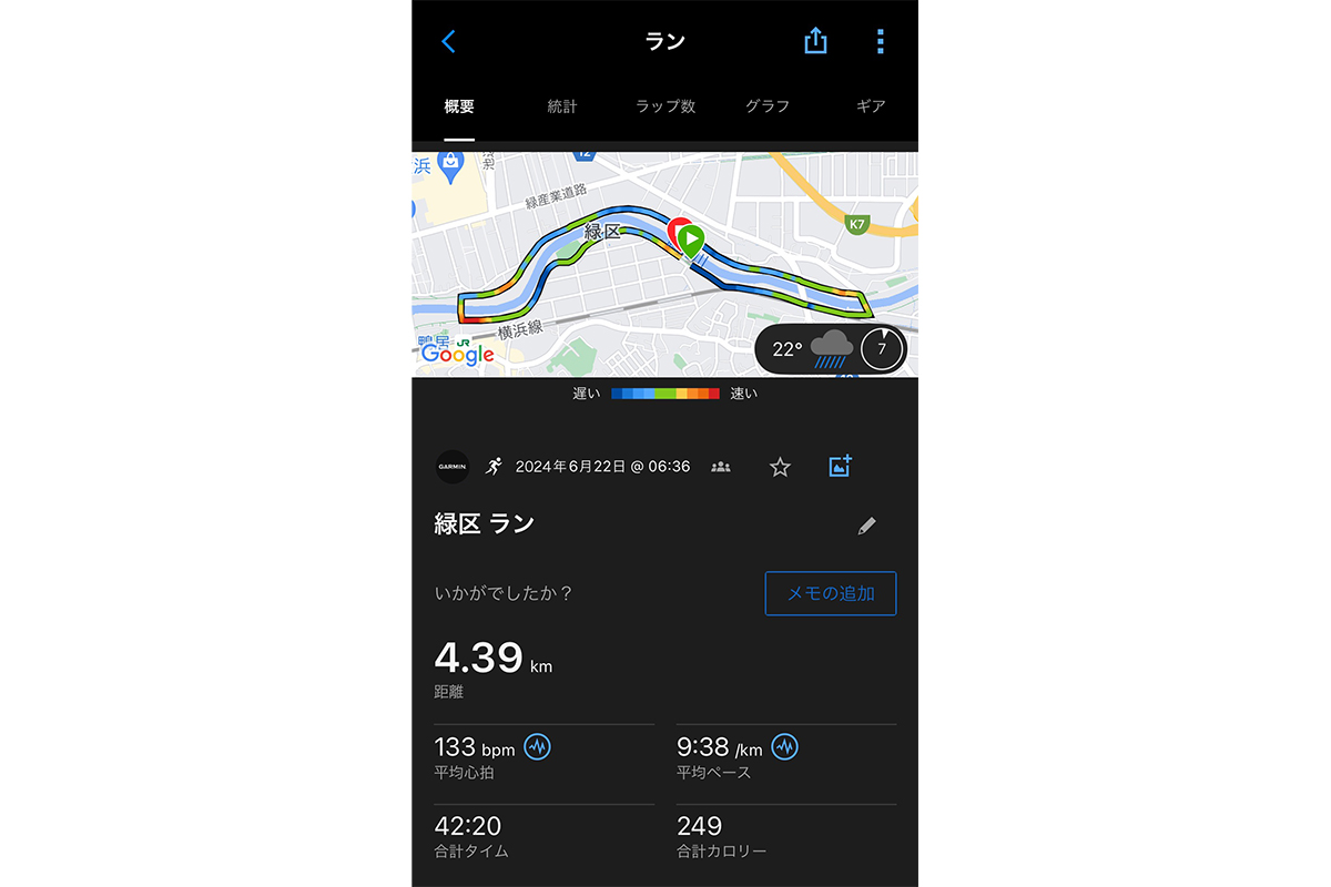 Garmin Connectアプリのランニングデータ機能の画面。他にも自転車や筋トレ、ゴルフ、水泳など80種以上のアクティビティに対応する。